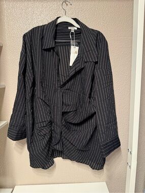 City Chic Black Pinstripe Ruffle-Front Button Down Shirt